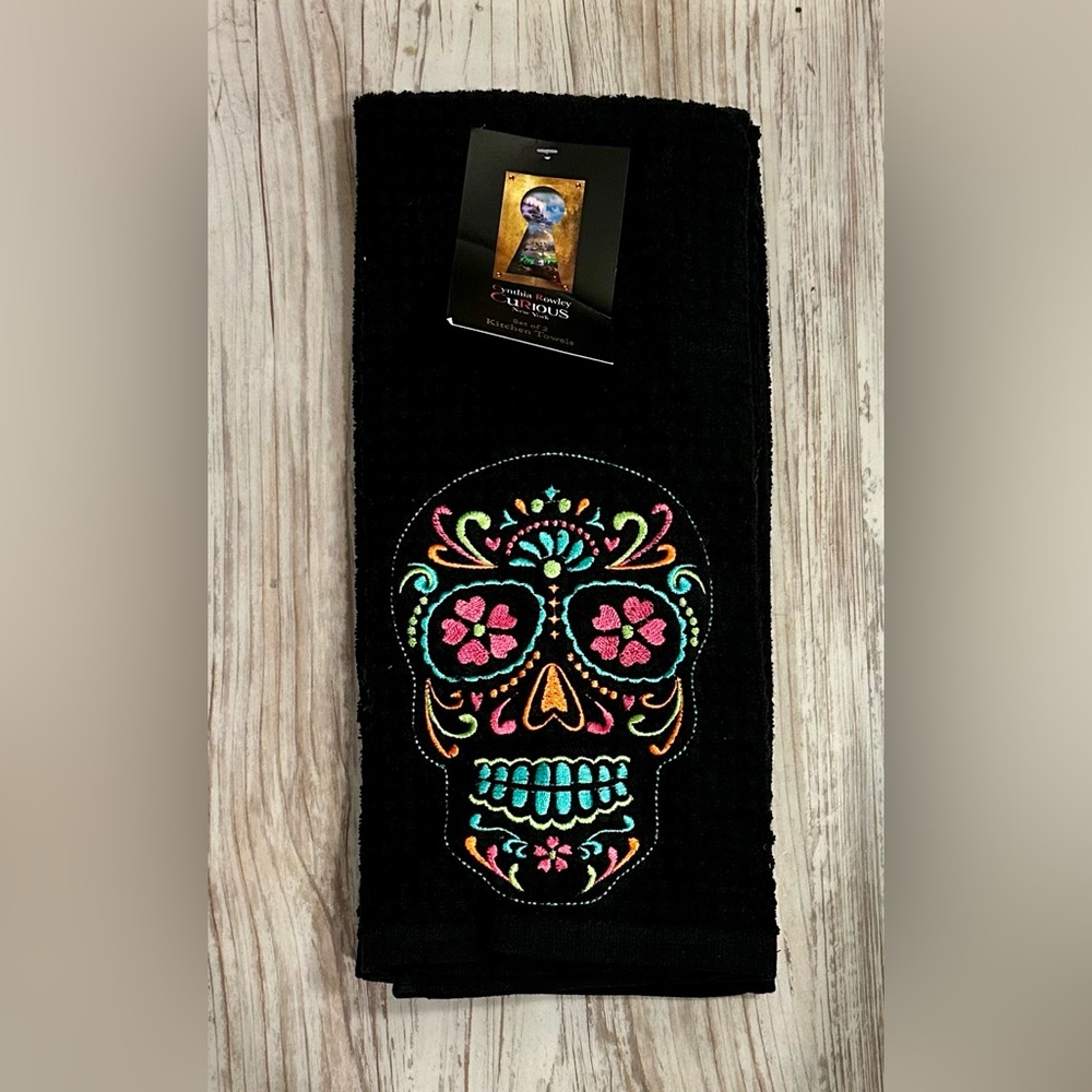 Curious by Cynthia Rowley Black Kitchen Towels with Colorful Skull Embroidery